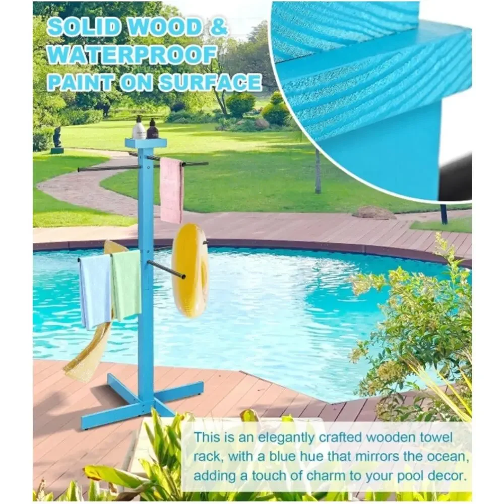 Outdoor Pool Towel Rack 53” Wood Stand 4 Adjustable Bars Blue Open Box